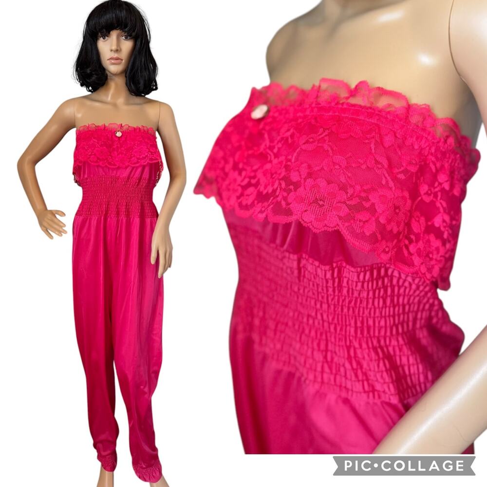 Vintage 70s Queens Way to Fashion hot pink strapless lace disco jumpsuit small